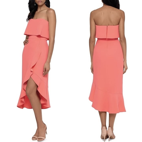 NWT XSCAPE Denisse Strapless Flounce Ruffled High Low Midi Dress in Coral Sz. 4 - Picture 1 of 3